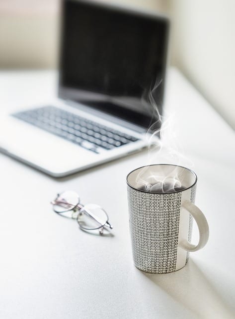 desk, tea cup, coffee cup, tea, coffee, table, laptop, cup, mug, workplace